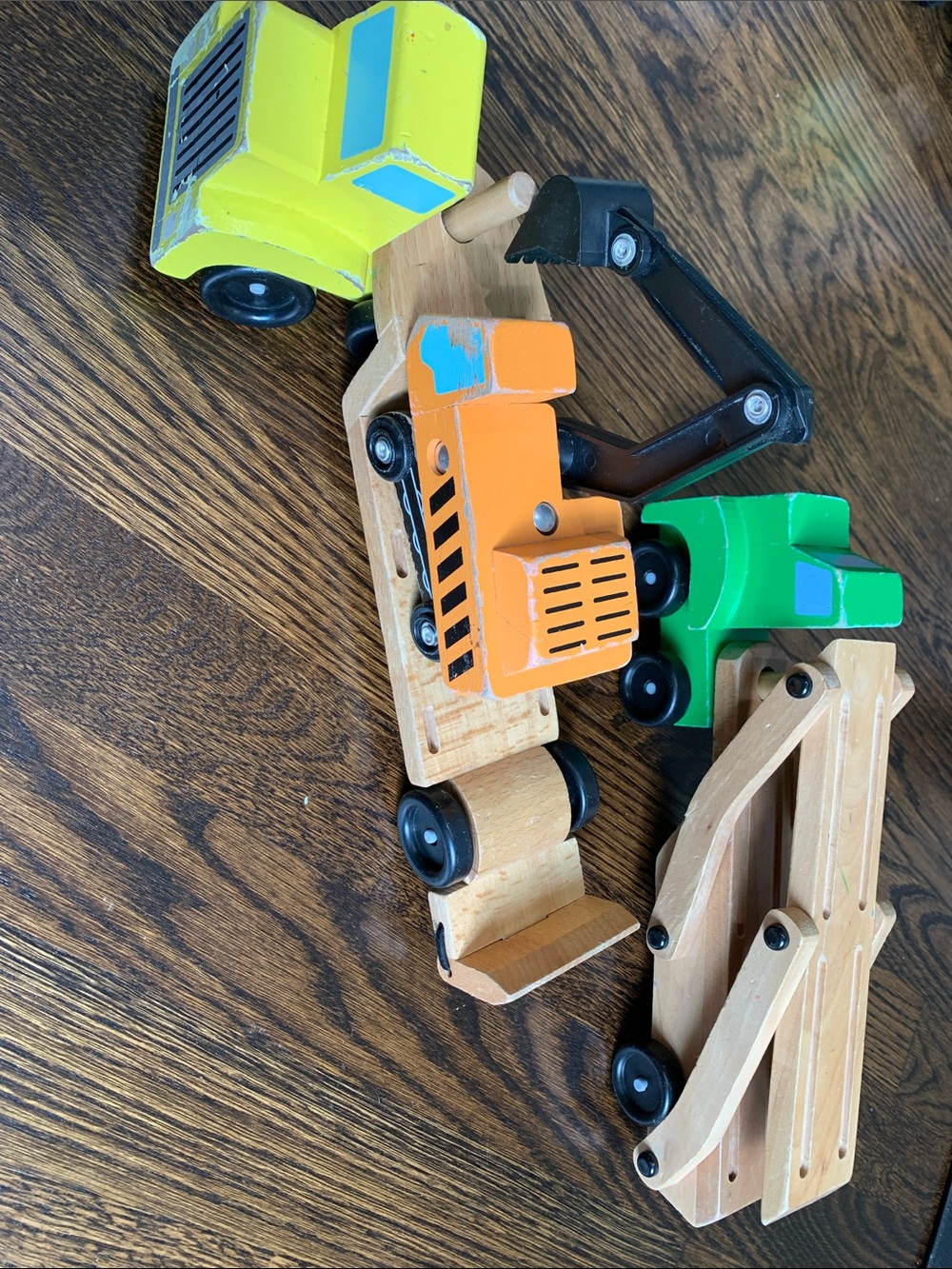 Melissa & Doug Wooden Construction Trucks in Yellow, Orange, Green, Black